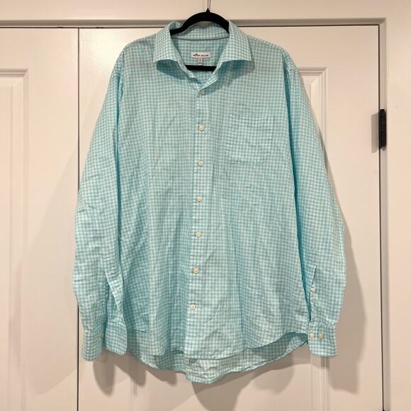 Peter Millar Men's Teal and Blue Checkered Long‎ Sleeve Dress Shirt Sz XL - Picture 1 of 11